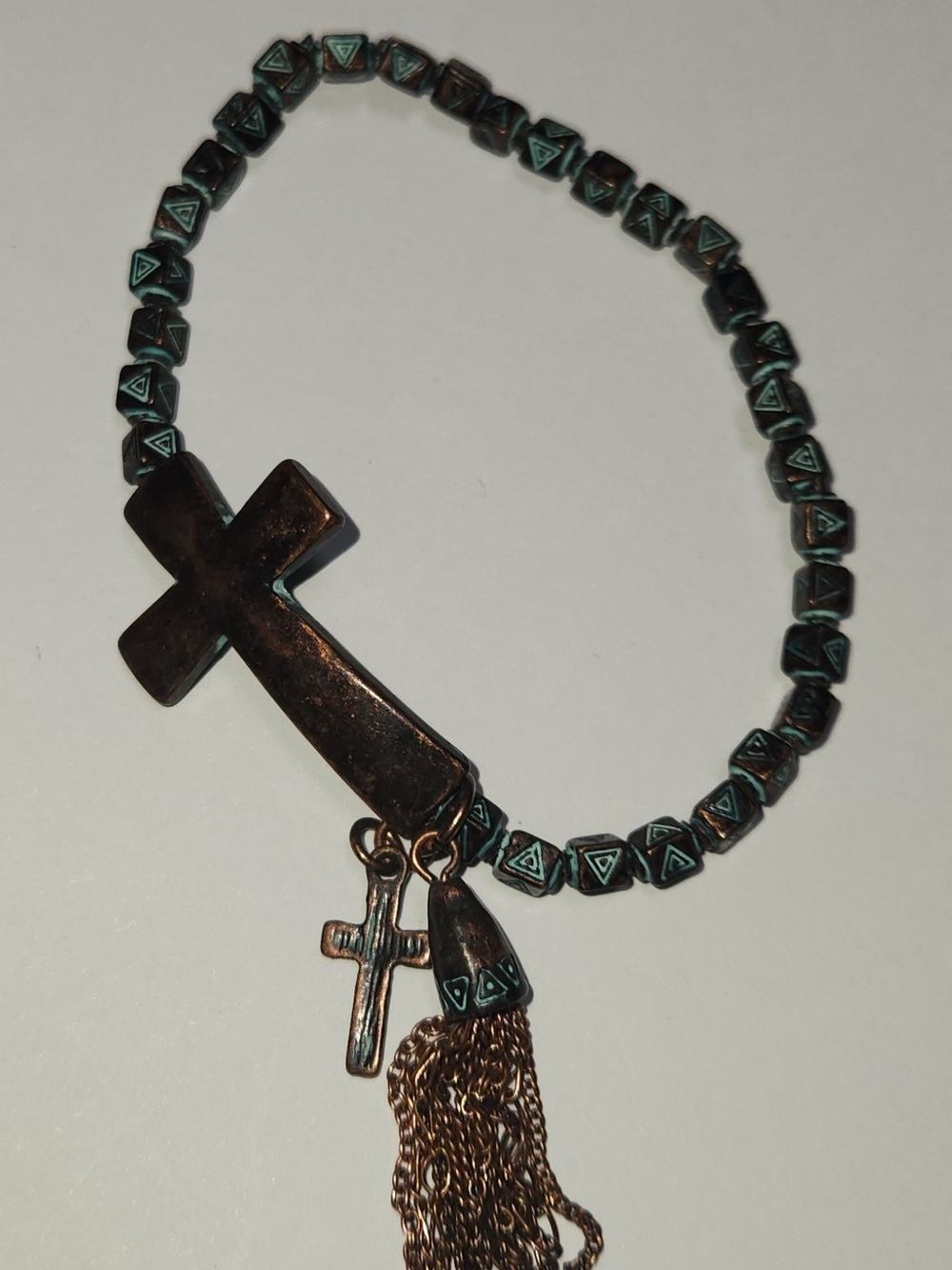 Vintage Stretch Bracelet Copper Cross Tassel 3/4" W x 2 1/2"